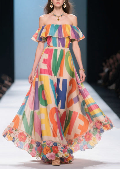 Apricot Cold Shoulder Print Silk Vacation Dress Summer
