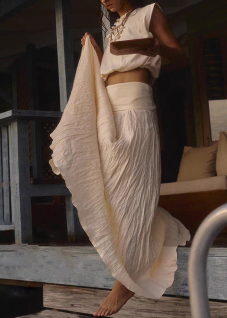 Beige High Waist Cotton Two Pieces Set Sleeveless Summer