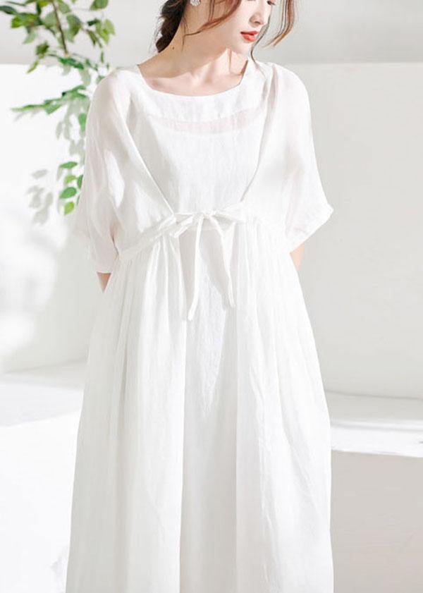 Comfy White Tie Waist Patchwork Summer Ramie Vacation Dresses Half Sleeve