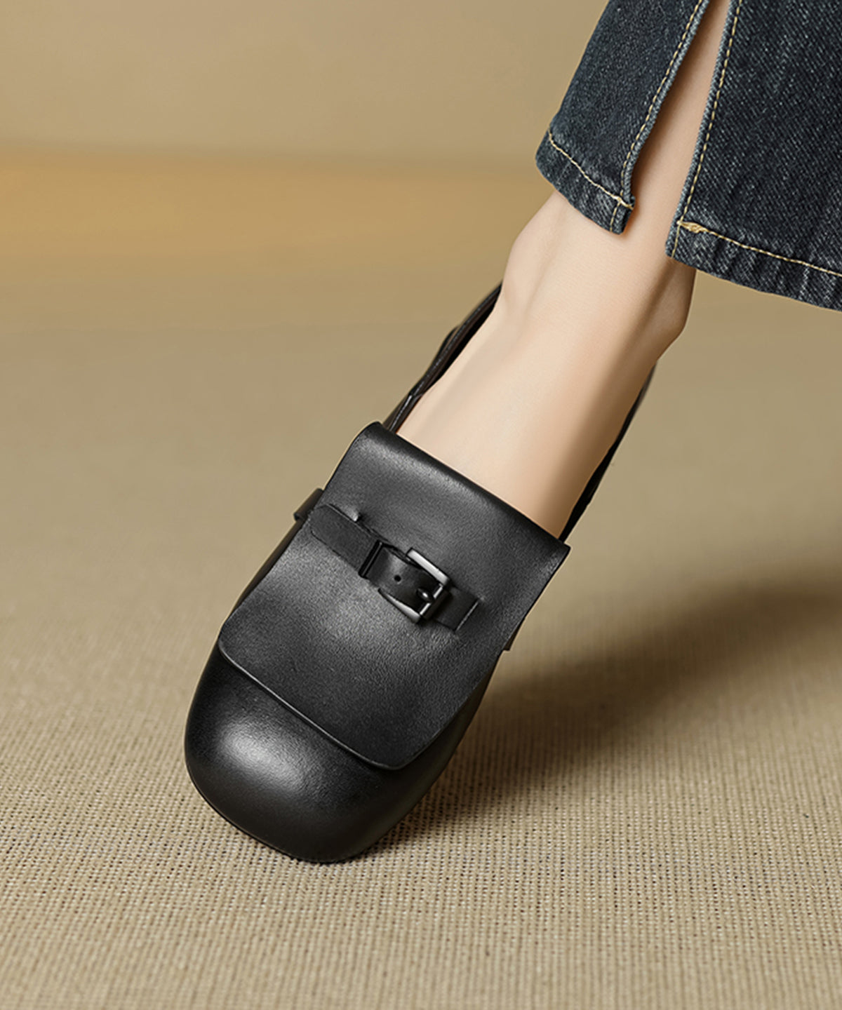 Beige Cowhide Leather Splicing Loafers for