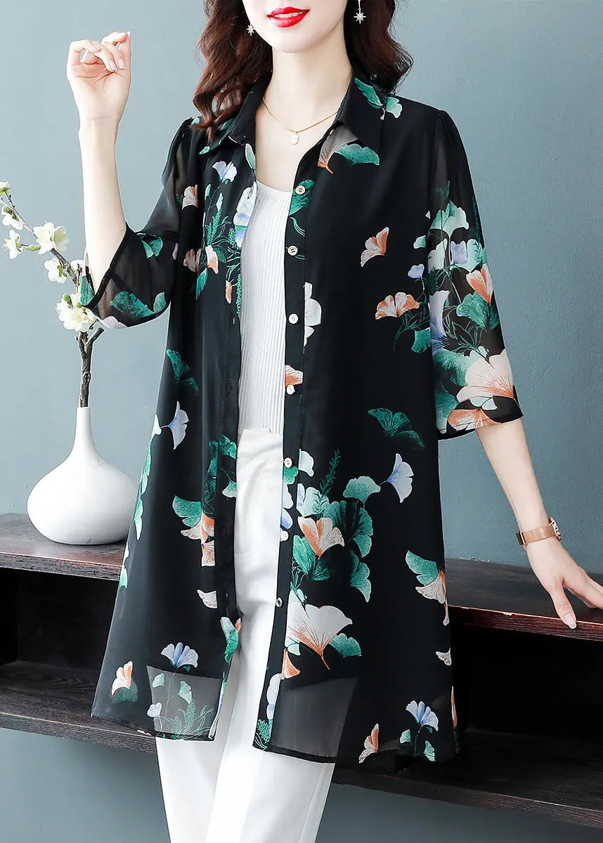 Black Button Peter Pan Collar Print Long Chiffon Shirt Tops Half Sleeve