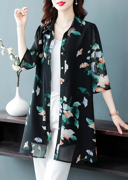 Black Button Peter Pan Collar Print Long Chiffon Shirt Tops Half Sleeve