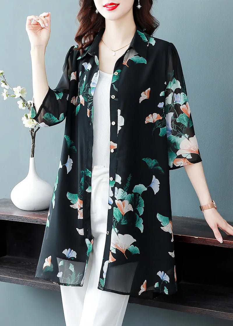 Black Button Peter Pan Collar Print Long Chiffon Shirt Tops Half Sleeve