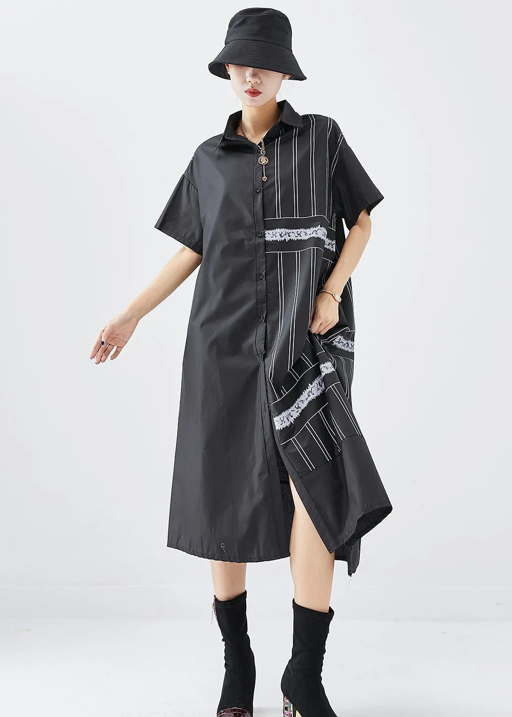 Black Asymmetrical Patchwork Cotton Dress Summer