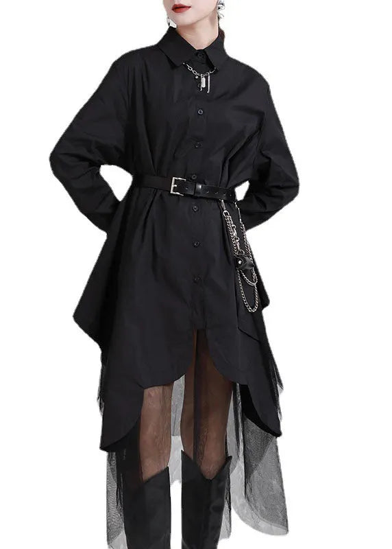 Fine Black Peterpan Collar Button Asymmetrical Design Patchwork Tulle Fall Shirt Tops Long Sleeve