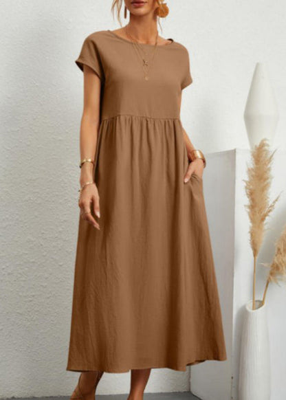 Loose Wine Red O Neck Pockets Cotton Long Dresses Summer