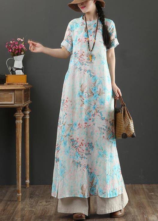 Comfy Blue Print Linen Short Sleeve Summer Vacation Dresses