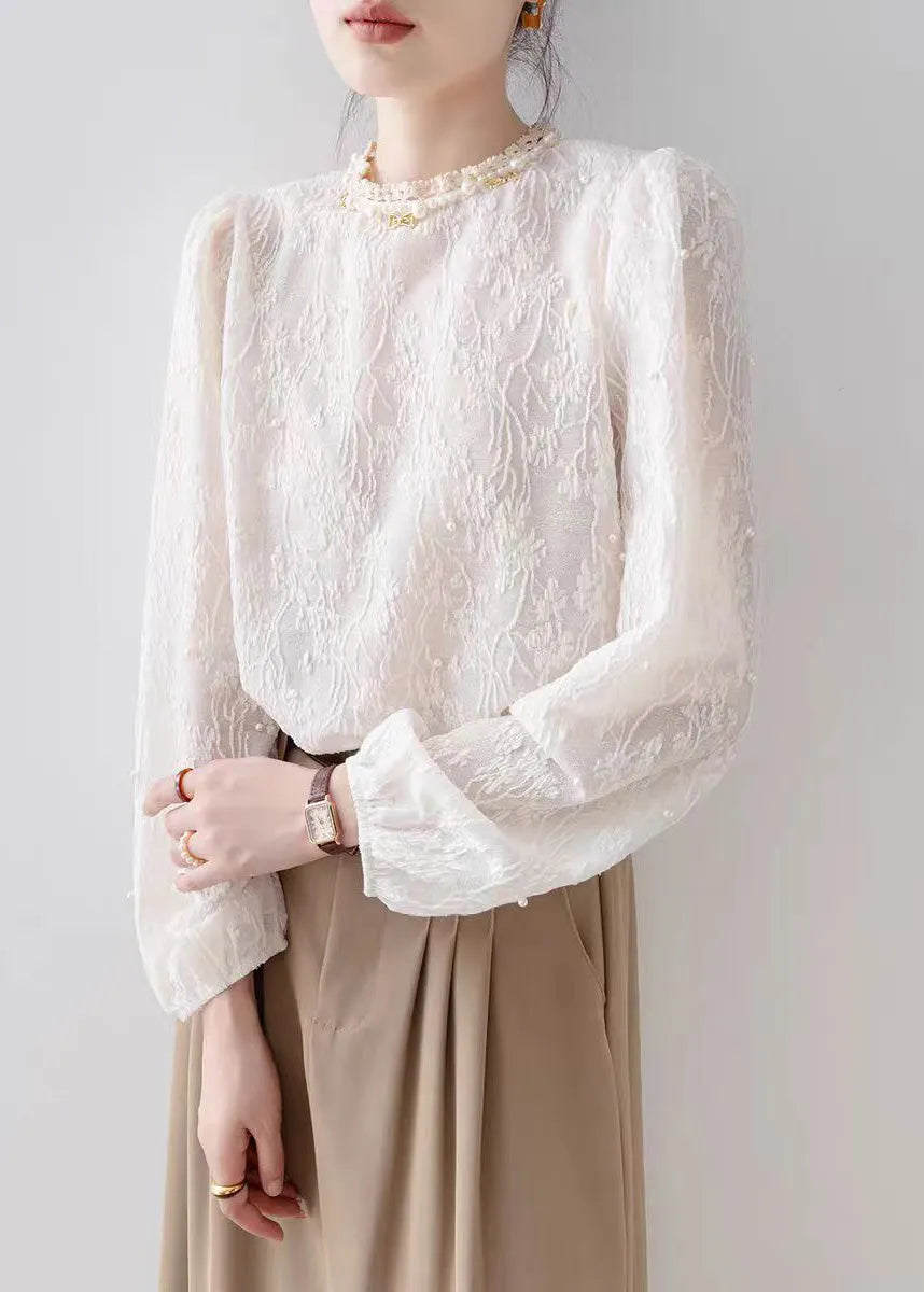 Apricot Jacquard Chiffon Shirt Tops Nail Bead Spring