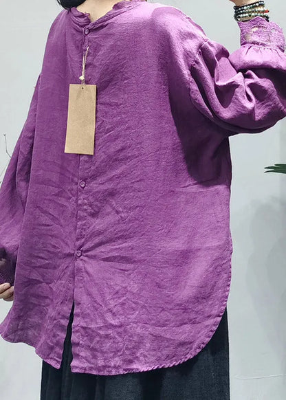 Handmade Purple O-neck Back Buckle Lace Patchwork Linen Top Long Sleeve