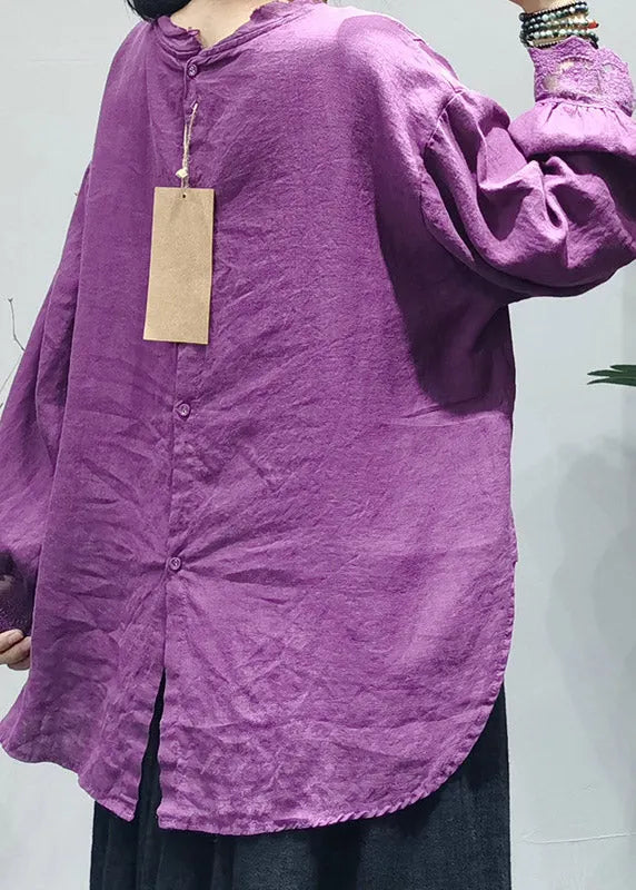 Handmade Purple O-neck Back Buckle Lace Patchwork Linen Top Long Sleeve