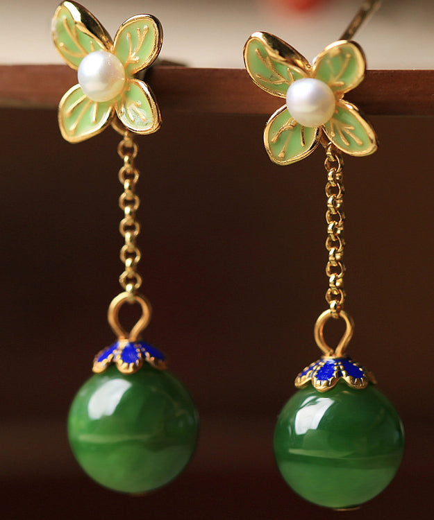 Diy Green Clover Jade Gem Stone Drop Earrings