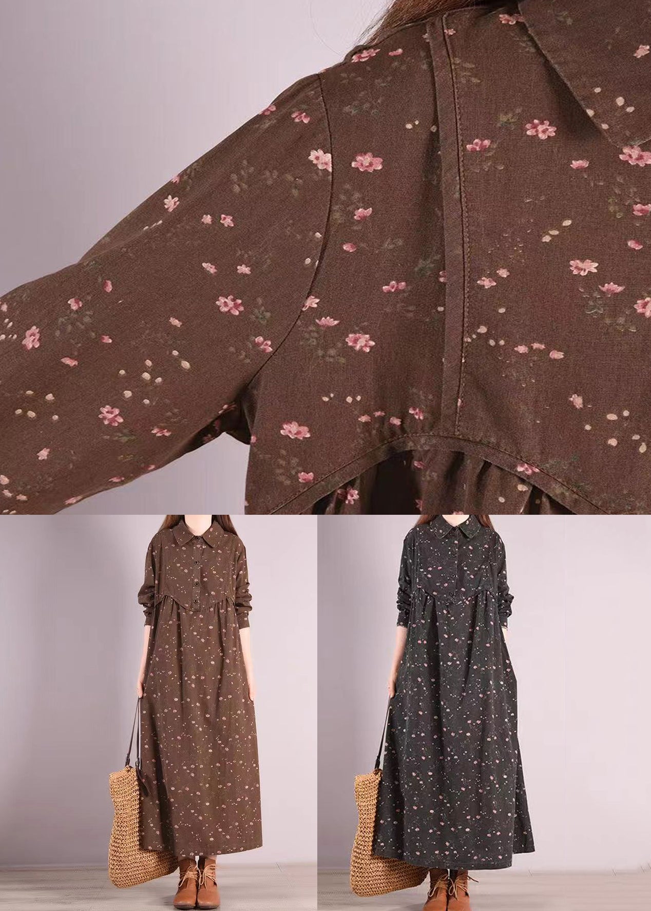 Coffee Peter Pan Collar Patchwork Cotton Dress Fall