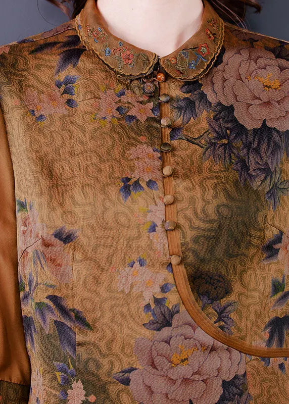 French Brown Peter Pan Collar Tasseled Print Patchwork Silk Two Pieces Set Spring