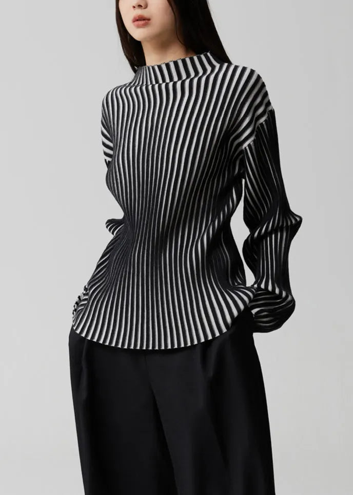 French Striped Stand Collar Patchwork Knit Top Long Sleeve Winter