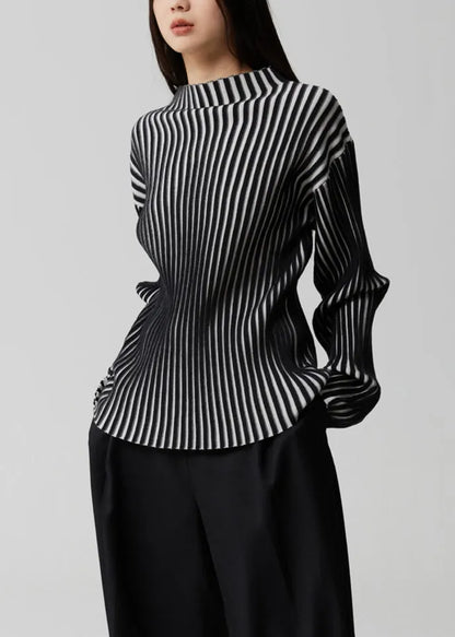 French Striped Stand Collar Patchwork Knit Top Long Sleeve Winter