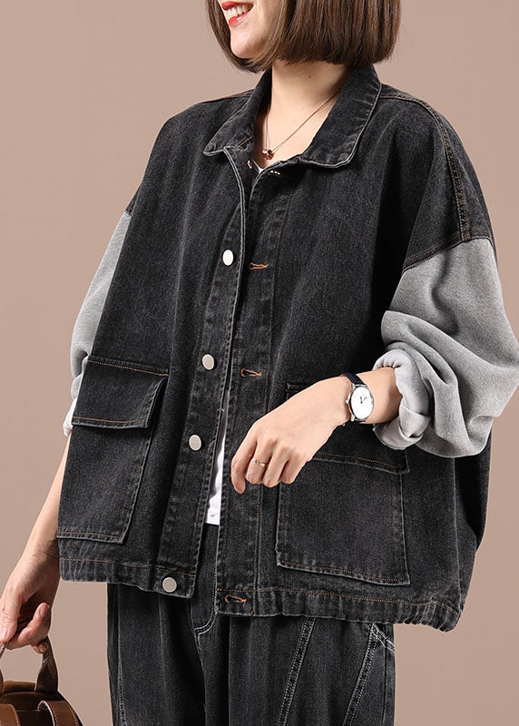 Black Patchwork Pockets Fall Denim Jackets Long Sleeve