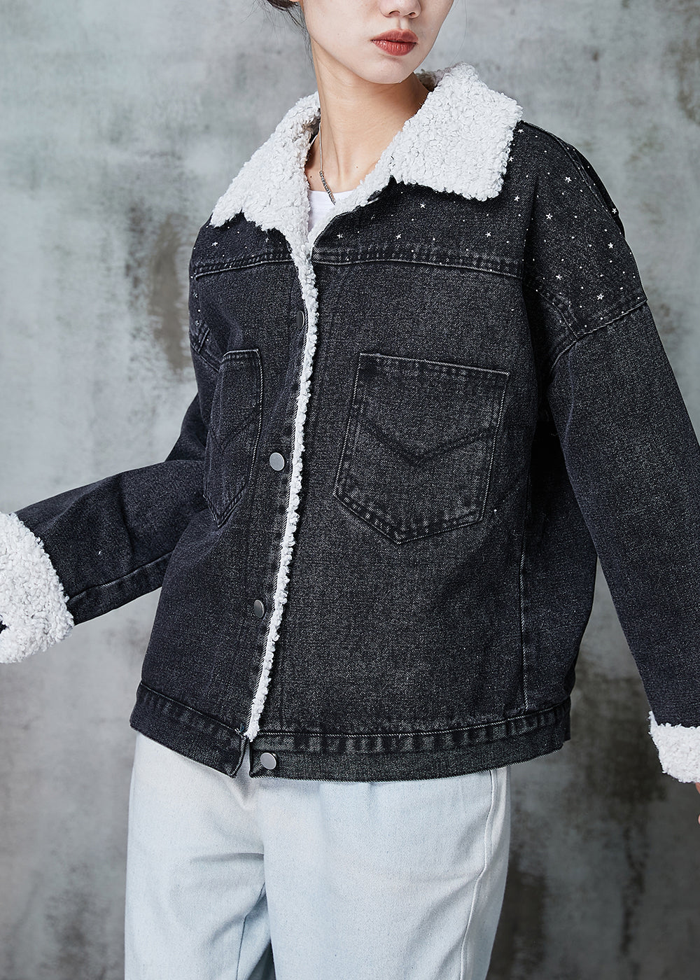 Black Peter Pan Collar Patchwork Warm Fleece Denim Jacket Winter