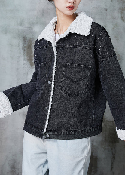 Black Peter Pan Collar Patchwork Warm Fleece Denim Jacket Winter