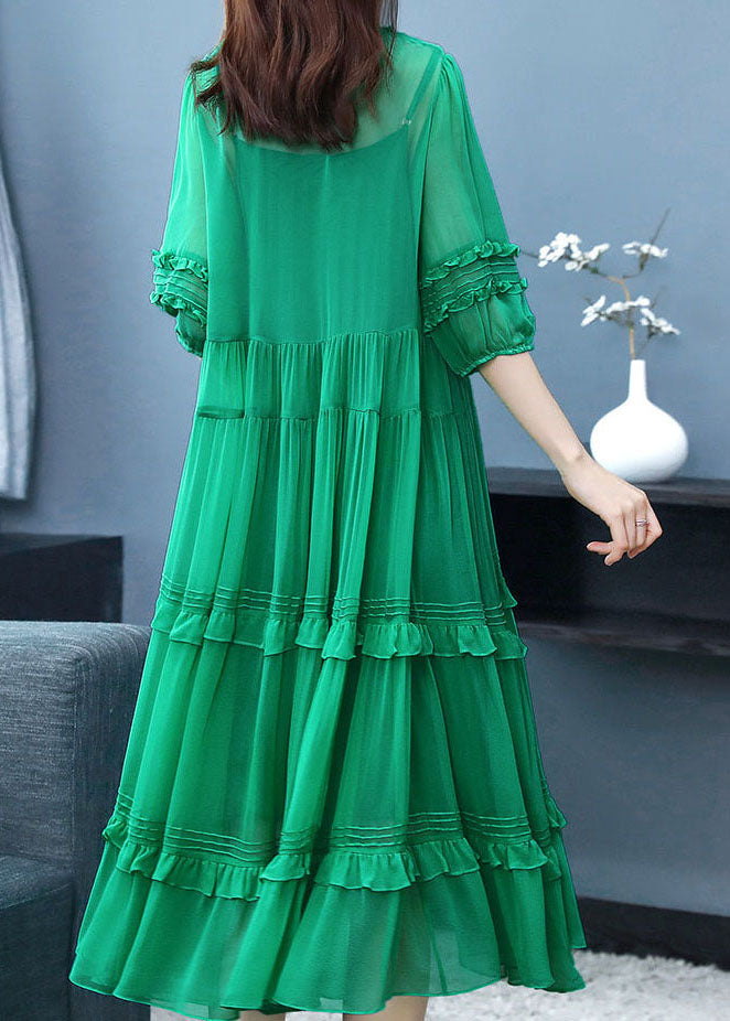 Art Green O-neck Ruffled Patchwork Silk Two-piece Set Dress Summer