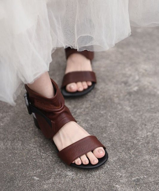 Brown Cowhide Leather Splicing Sandals Hollow Out Peep Toe