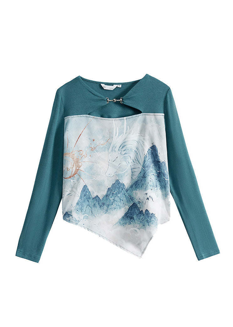 Blue O-neck Asymmetrical Print Top Long Sleeve