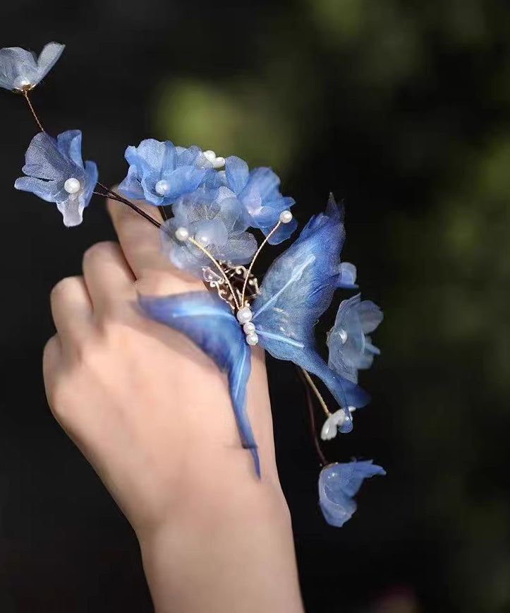 Blue Alloy Pearl Butterfly Tassel Hairpin
