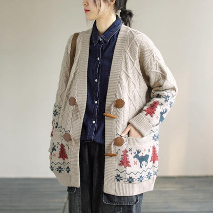 For Work Spring Knit Sweat Tops Beige Deer Print Knitted Cardigans