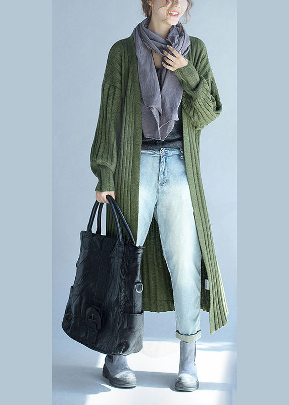 Green V Neck Lantern Sleeve Fall Knit Long Sweaters Coat