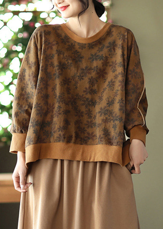 Chocolate Patchwork Cotton Sweatshirt Top Batwing Sleeve