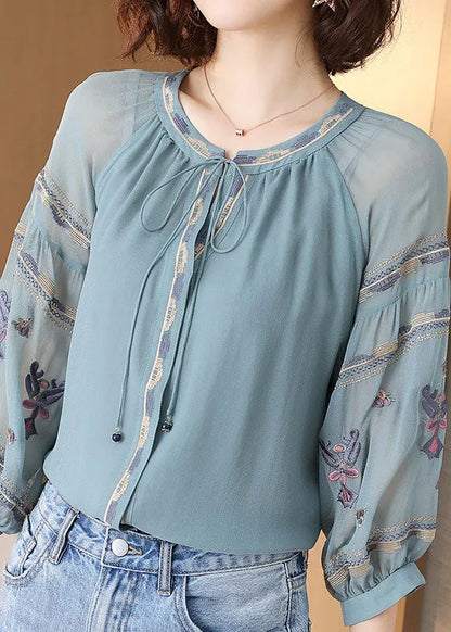 Light Blue O-neck Drawstring Embroideried Silk Tops Spring