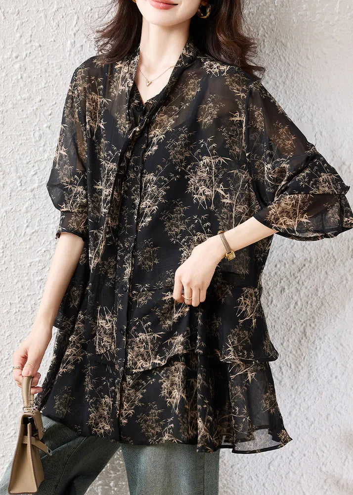 Black Oversized Print Chiffon Shirts Fall