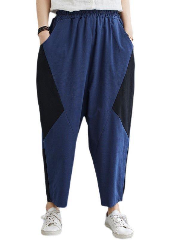 Navy Patchwork Elastic Waist Radish Trousers Pants Summer Cotton Linen