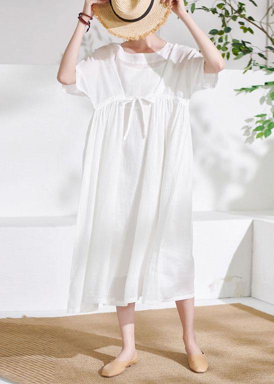 Comfy White Tie Waist Patchwork Summer Ramie Vacation Dresses Half Sleeve