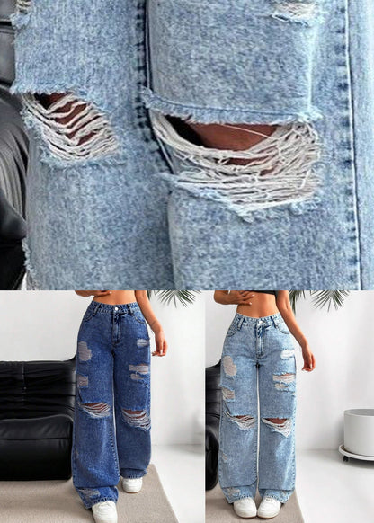 Dark Blue High Waist Ripped Wide Leg Denim Pants Spring