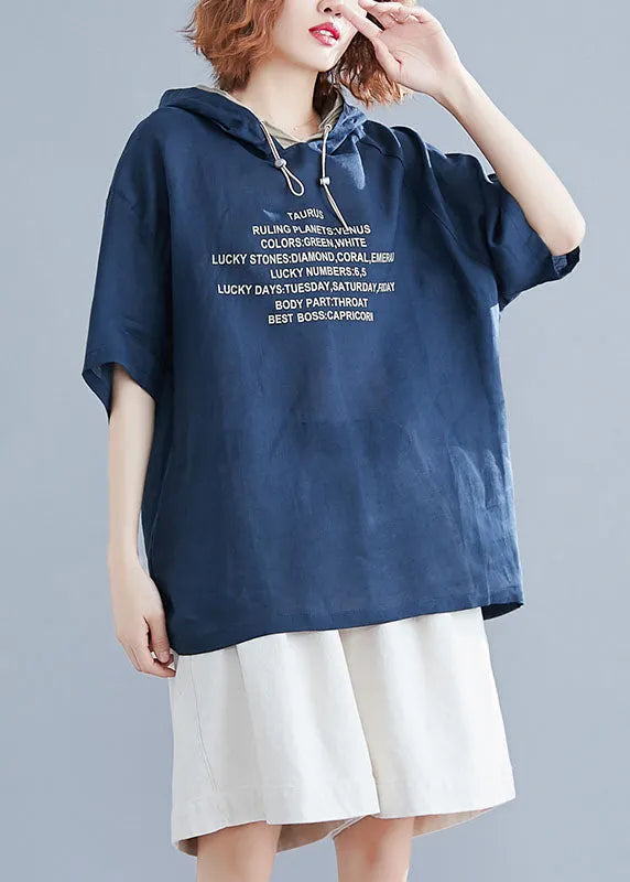 Blue Hooded Alphabet Print Cotton Pullover Summer
