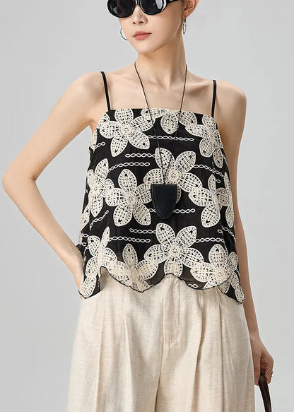 Handmade Black Embroidered Cotton Spaghetti Strap Tank Sleeveless