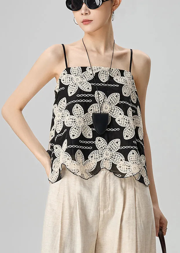 Handmade Black Embroidered Cotton Spaghetti Strap Tank Sleeveless
