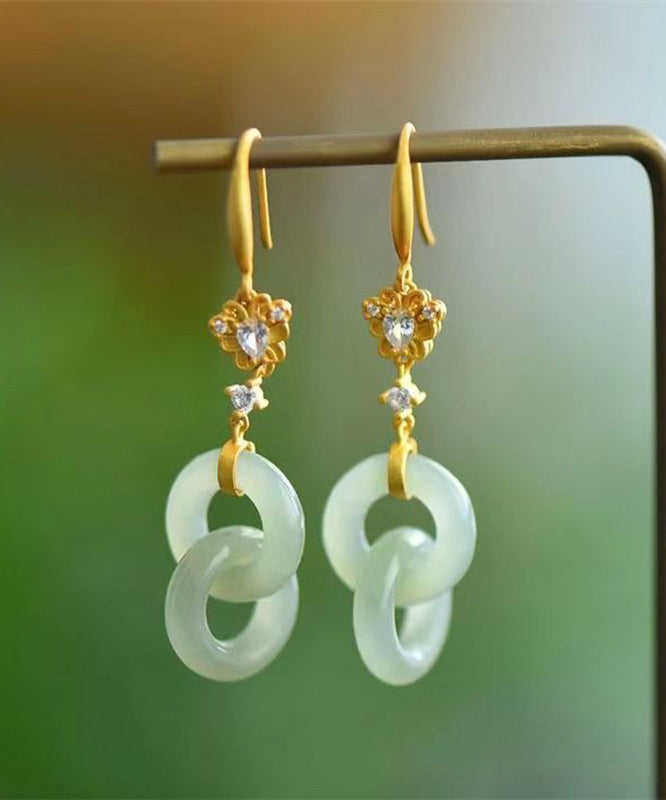 Light Green Sterling Silver Overgild Double Ring Jade Zircon Drop Earrings