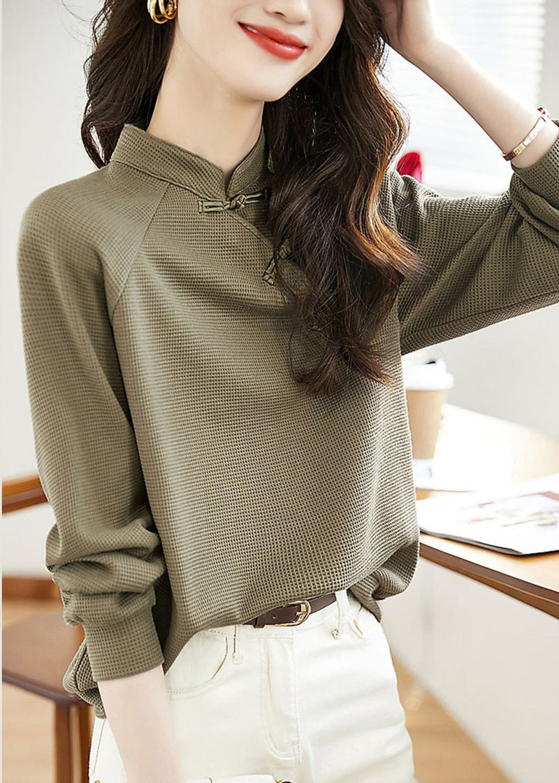 Stand Collar Green Button Patchwork Cotton Top Fall