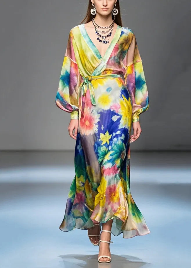 Flower Print Tie Waist Silk Long Dress Fall