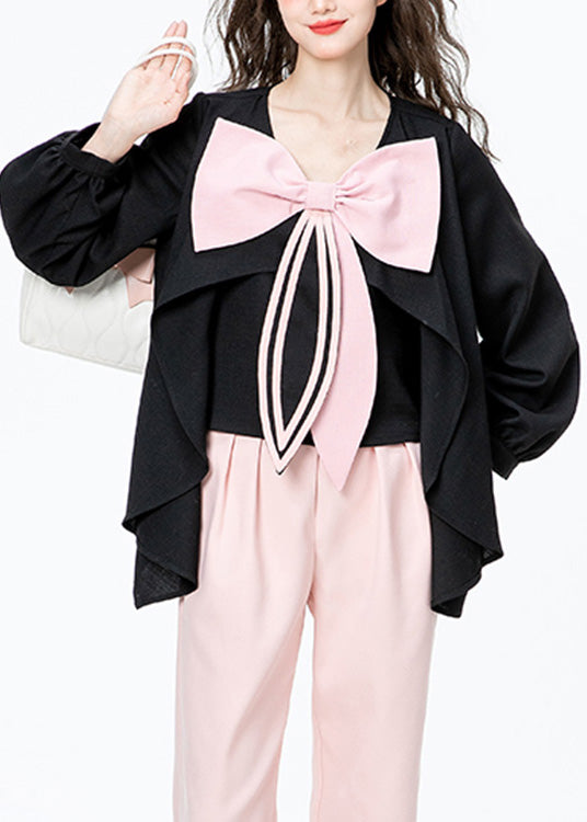 Black O-neck Bow Chiffon Shirt Long Sleeve
