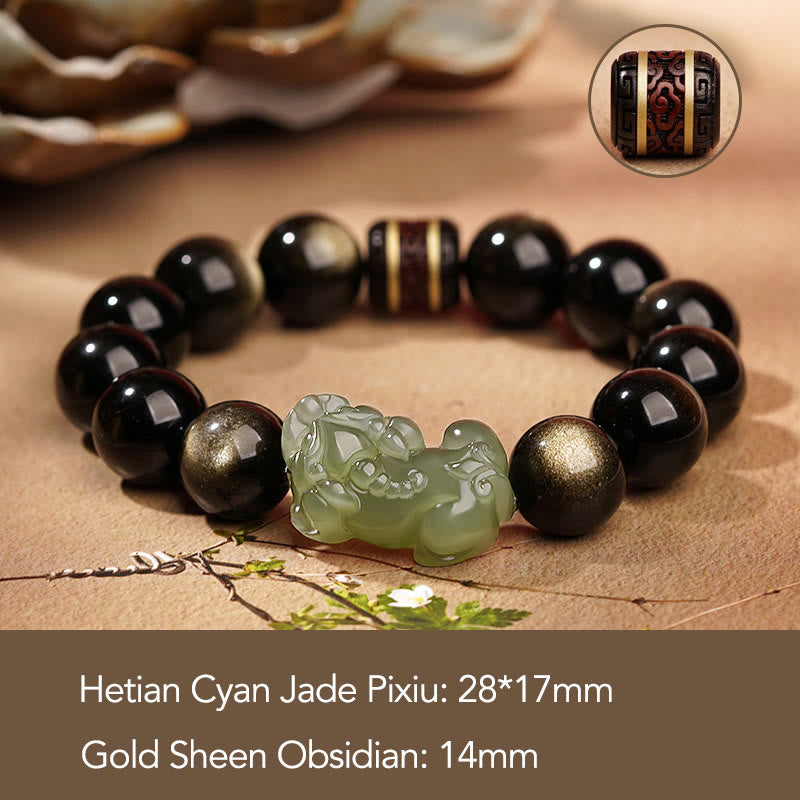 Buddha Stones Natural Gold Sheen Obsidian Hetian Cyan Jade White Jade Pixiu Wealth Bracelet