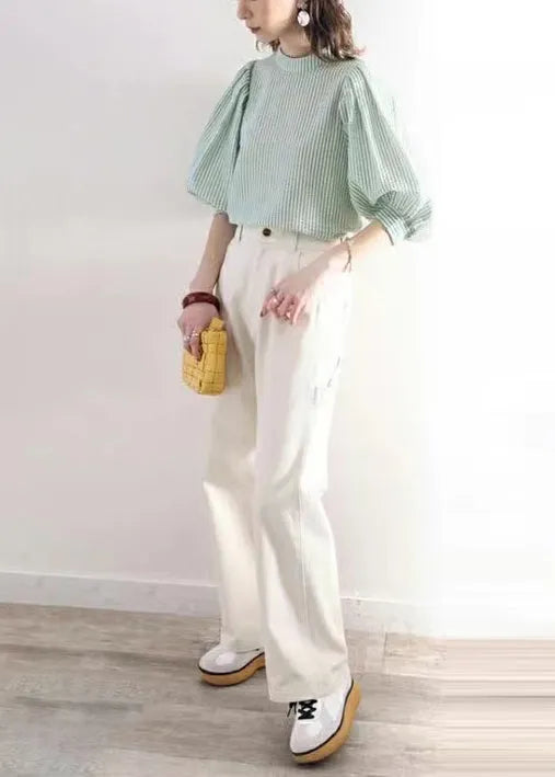 Green Puff Sleeve Striped Cotton Blouses