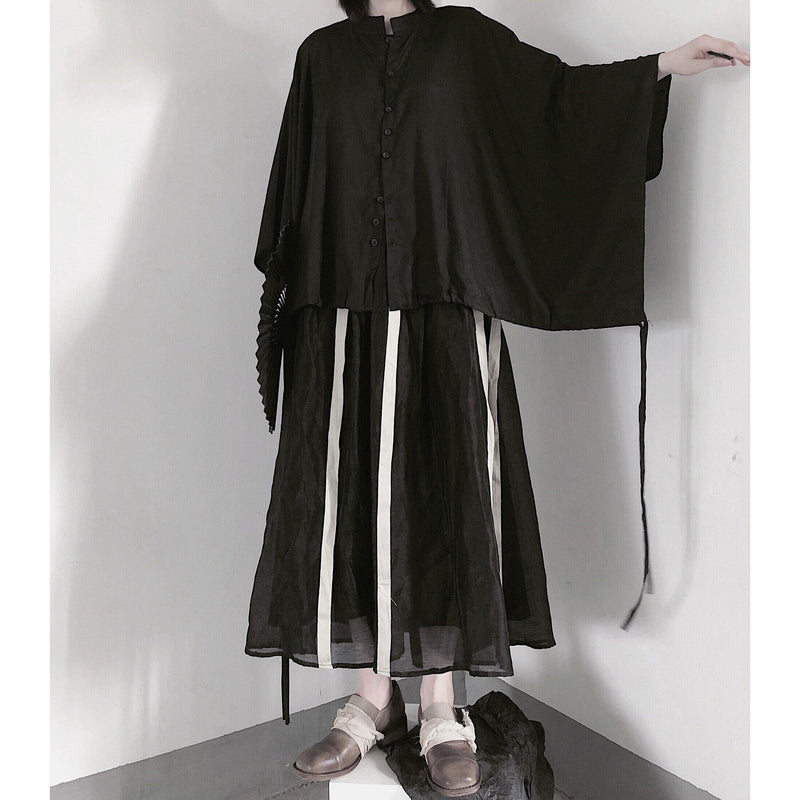 Art Black Clothes for Stand Collar Batwing Sleeve Baggy Shirts