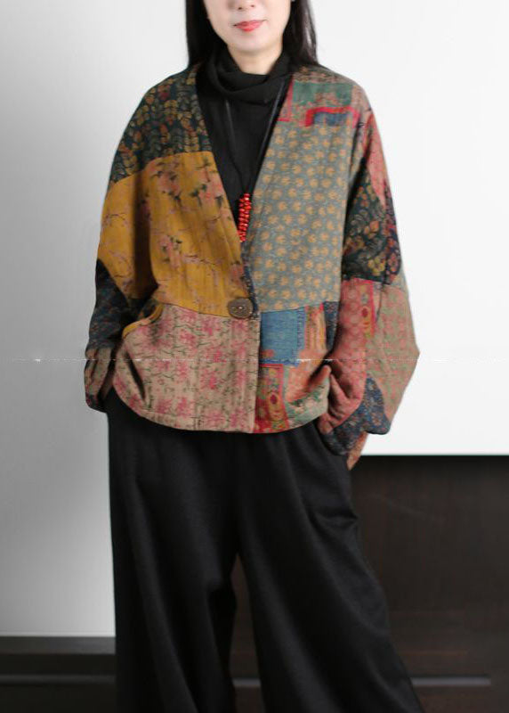 Colorblock V Neck Patchwork Print Fine Cotton Filled Coats Batwing Sleeve