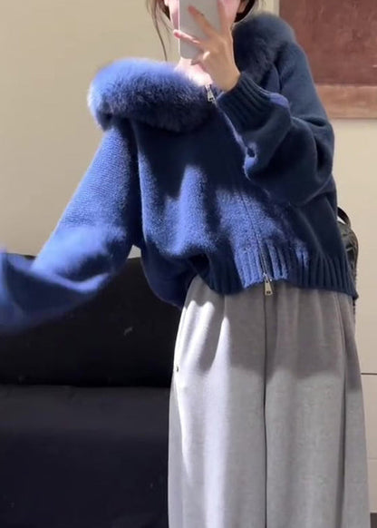 New Blue Hooded Fur Collar Zippered Knit Coats Spring