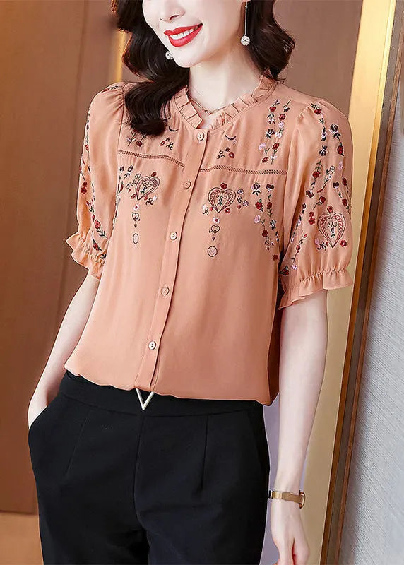 Pink Ruffled Embroidered Silk Shirt Summer