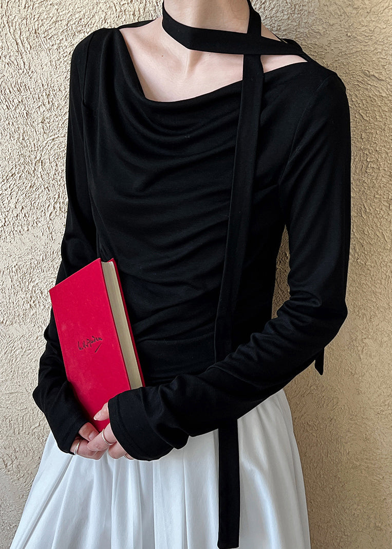 Black Wrinkled Cotton T Shirts Top Long Sleeve