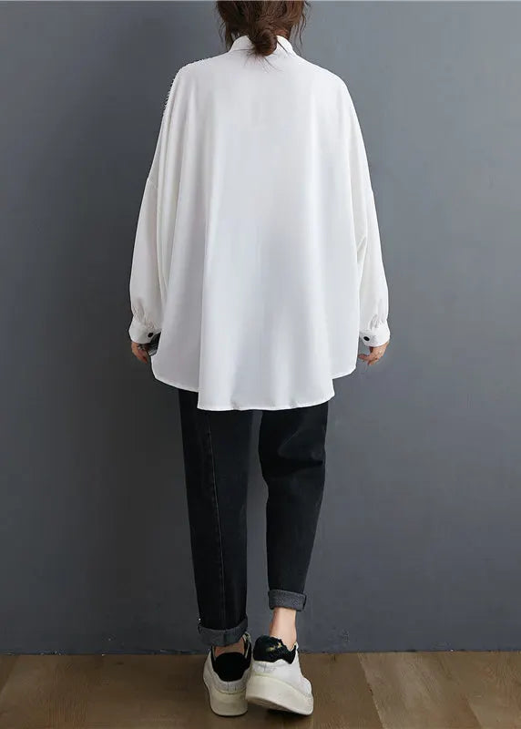 Italian White Peter Pan Collar Button Asymmetrical Design Print Shirt Top Batwing Sleeve