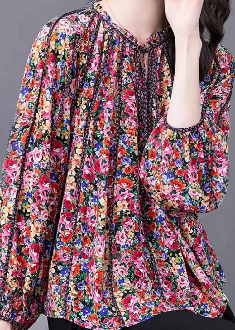 Red Print Stand Collar Ruffled Silk Top Long Sleeve